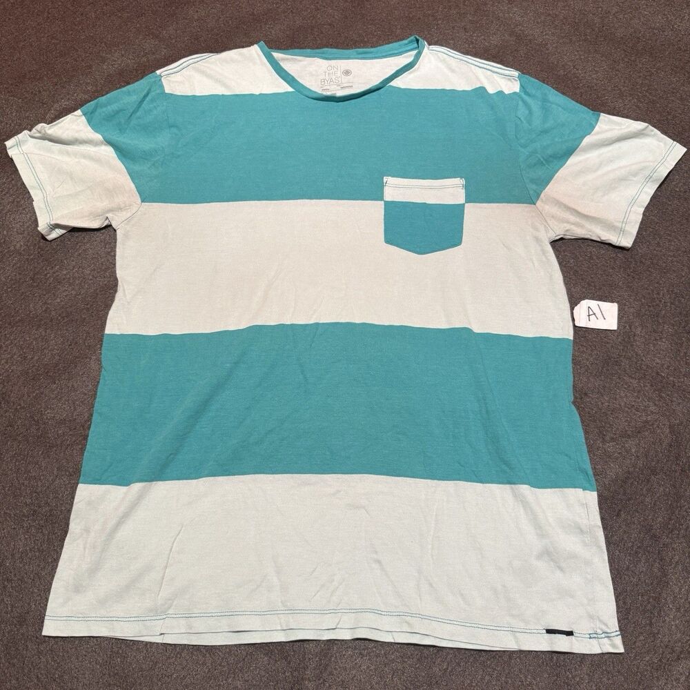 On The Byas Womens TShirt L Large Blue White Striped Short Sleeve Tee Shirt